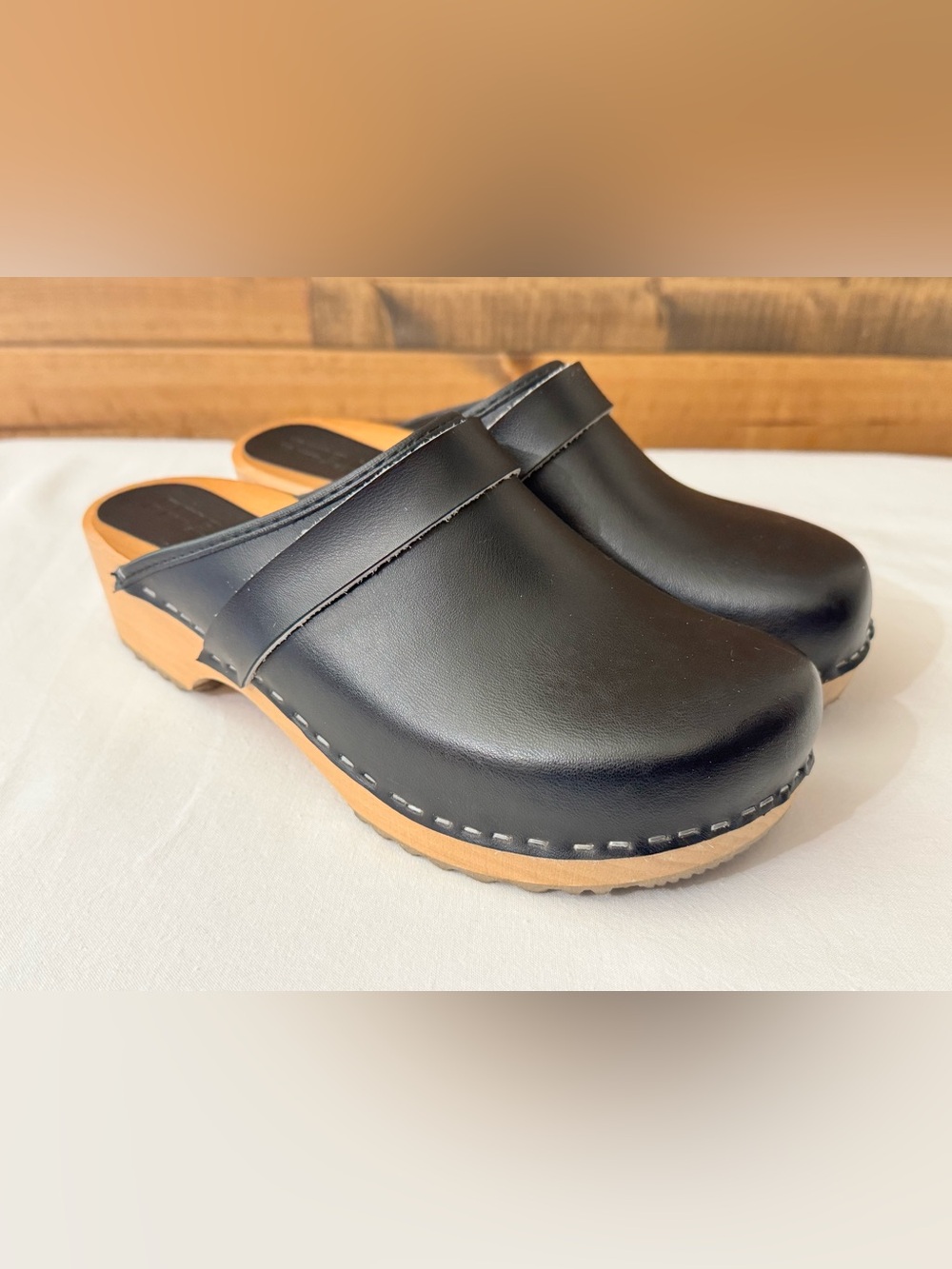 Women’s Black Leather Clog Mules with Wooden Sole